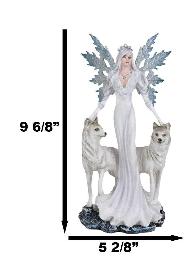 Crowned Fairy Queen In Snow White Gown Accompanied By Arctic Wolves Figurine