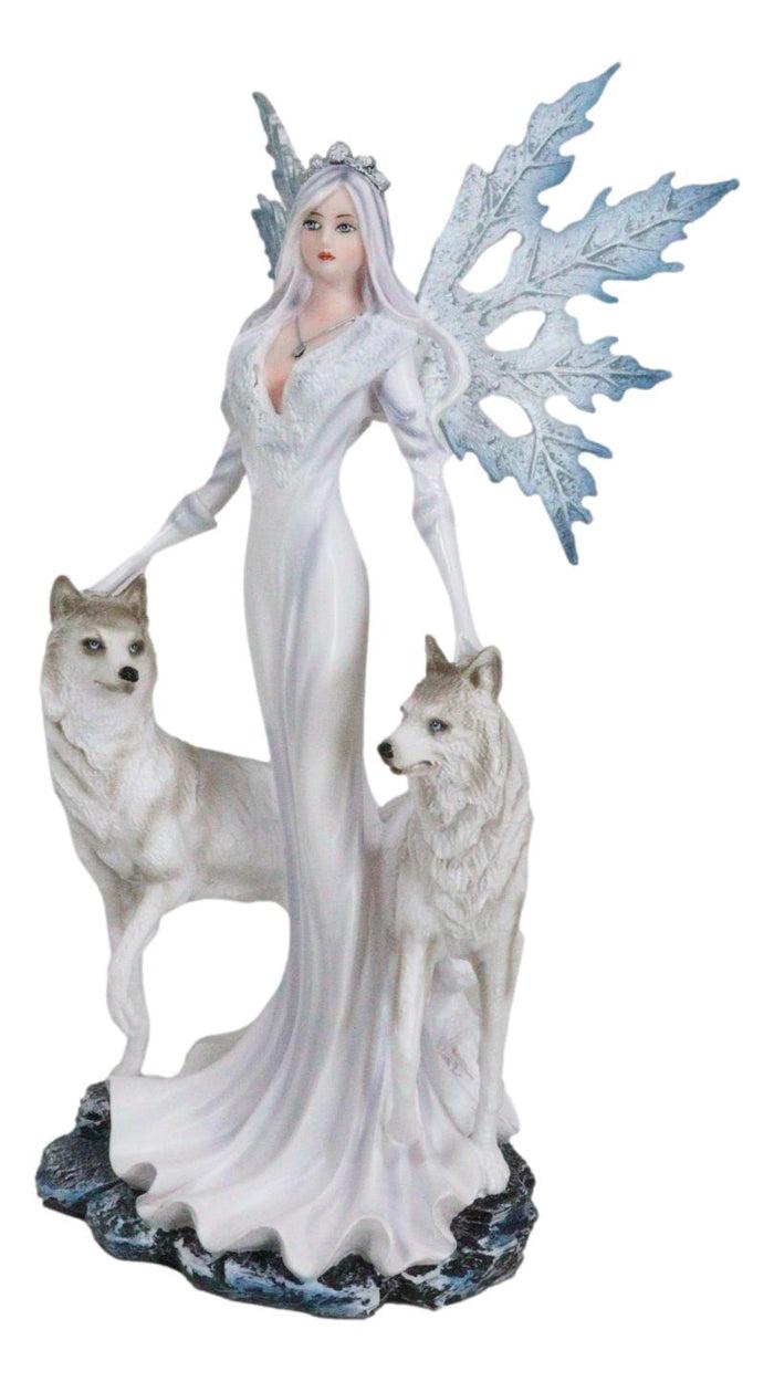 Crowned Fairy Queen In Snow White Gown Accompanied By Arctic Wolves Figurine