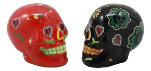 Day Of The Dead Black And Red Floral Sugar Skulls Salt Pepper Shakers Set