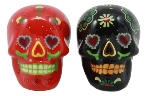 Day Of The Dead Black And Red Floral Sugar Skulls Salt Pepper Shakers Set