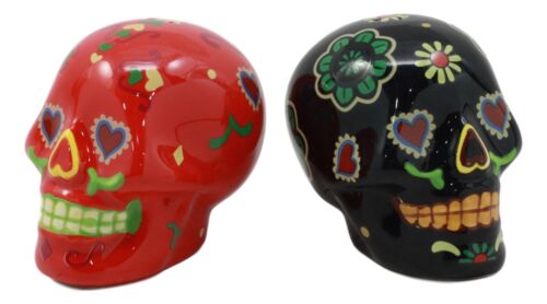 Day Of The Dead Black And Red Floral Sugar Skulls Salt Pepper Shakers Set