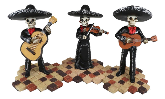 Day Of The Dead Black Mariachi Band Skeleton Folk Musician Figurines Set Of 3