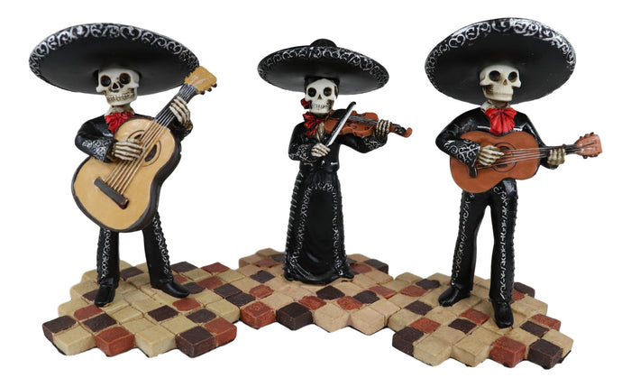Day Of The Dead Black Mariachi Band Skeleton Folk Musician Figurines Set Of 3