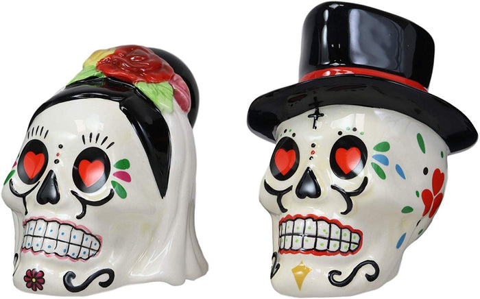 Day Of The Dead Bridal Wedding Bride And Groom Sugar Skulls Salt Pepper Shakers