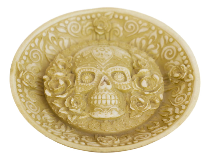 Day Of The Dead Floral Sugar Skull Incense Burner Holder Medallion Dish Statue