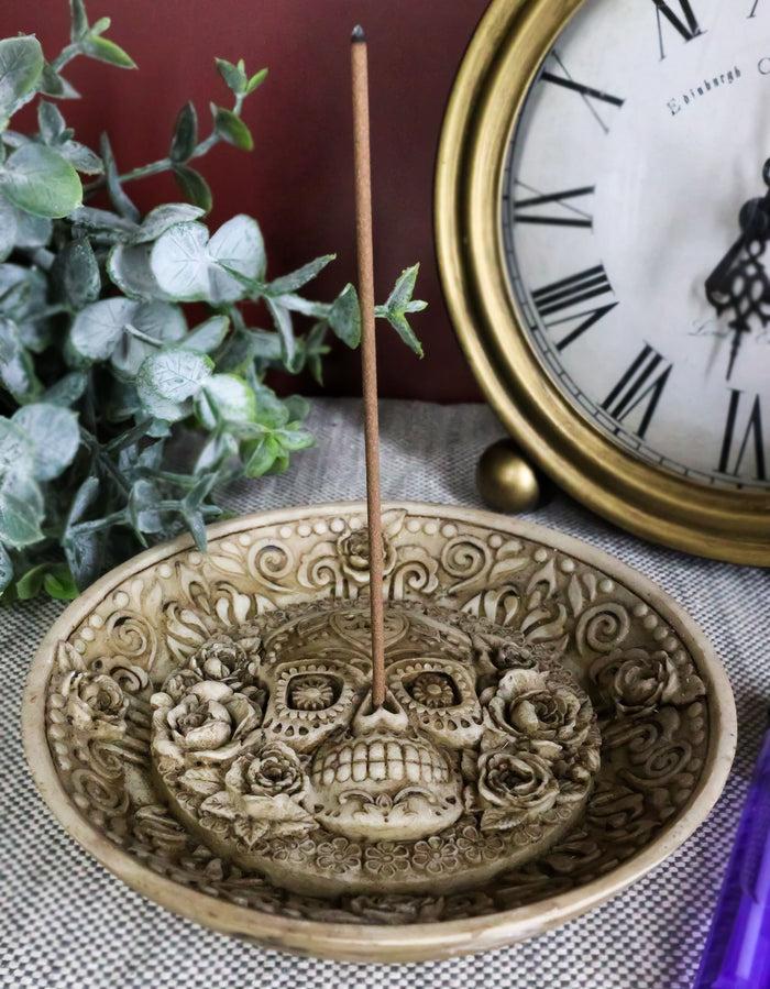 Day of The Dead Floral Sugar Skull Incense Burner Holder Medallion Dish Statue