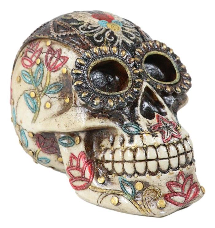 Day Of The Dead Floral Vines Embroidery Angel Wings Heart Motif Skull Figurine