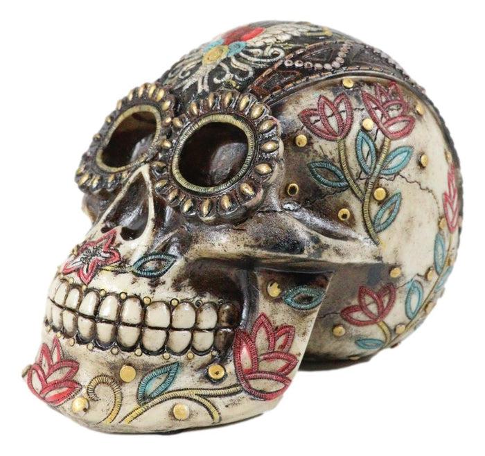 Day Of The Dead Floral Vines Embroidery Angel Wings Heart Motif Skull Figurine