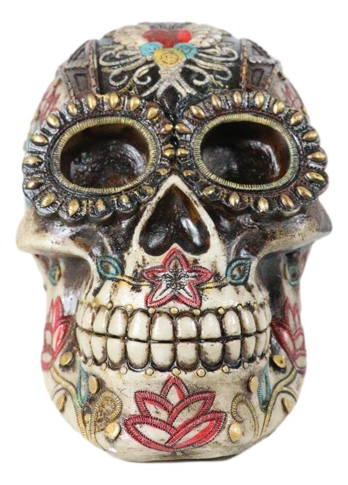 Day Of The Dead Floral Vines Embroidery Angel Wings Heart Motif Skull Figurine