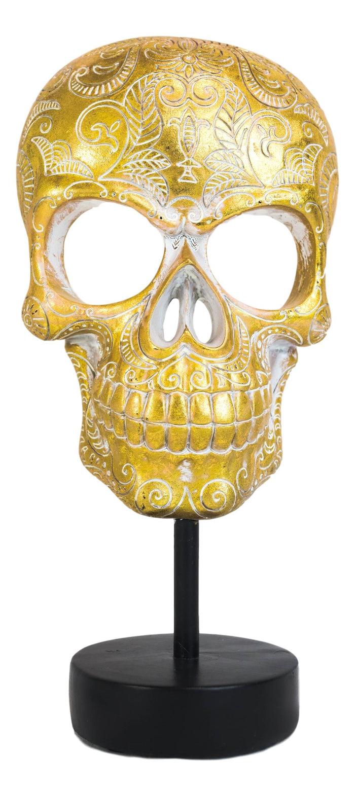 Day Of The Dead Golden Tooled Floral Sugar Skull Mask Sculpture On Museum Stand