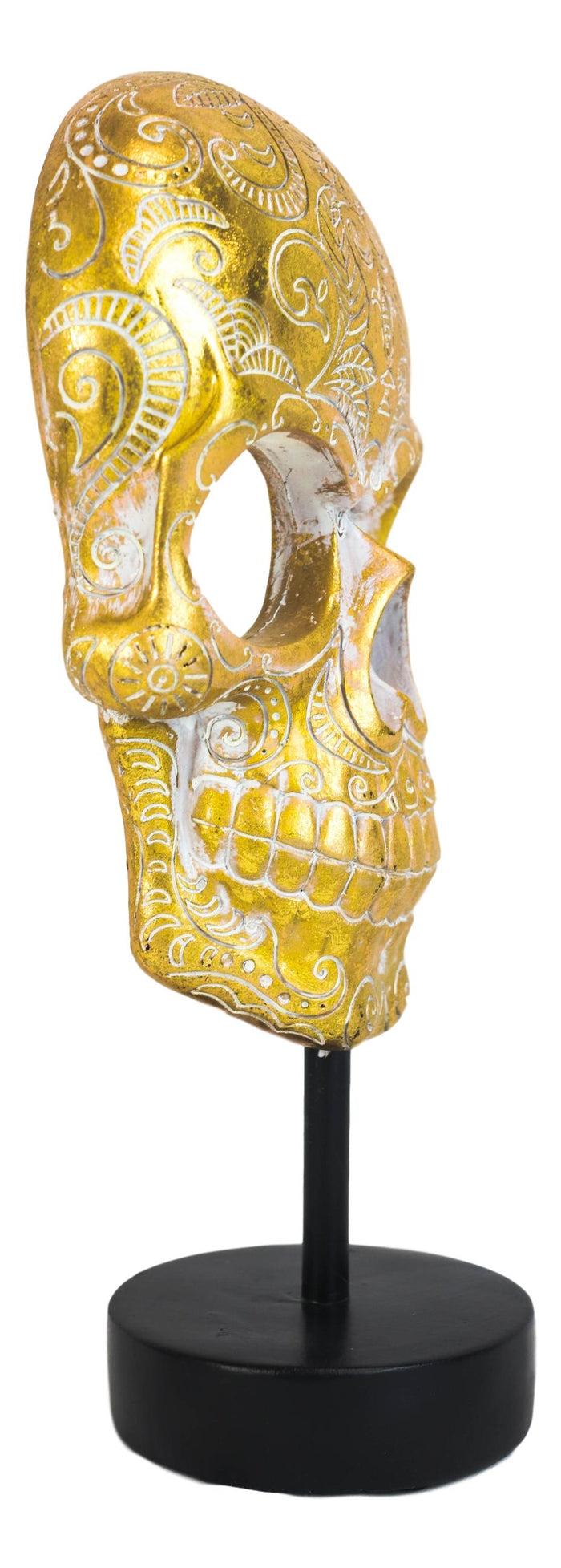 Day Of The Dead Golden Tooled Floral Sugar Skull Mask Sculpture On Museum Stand