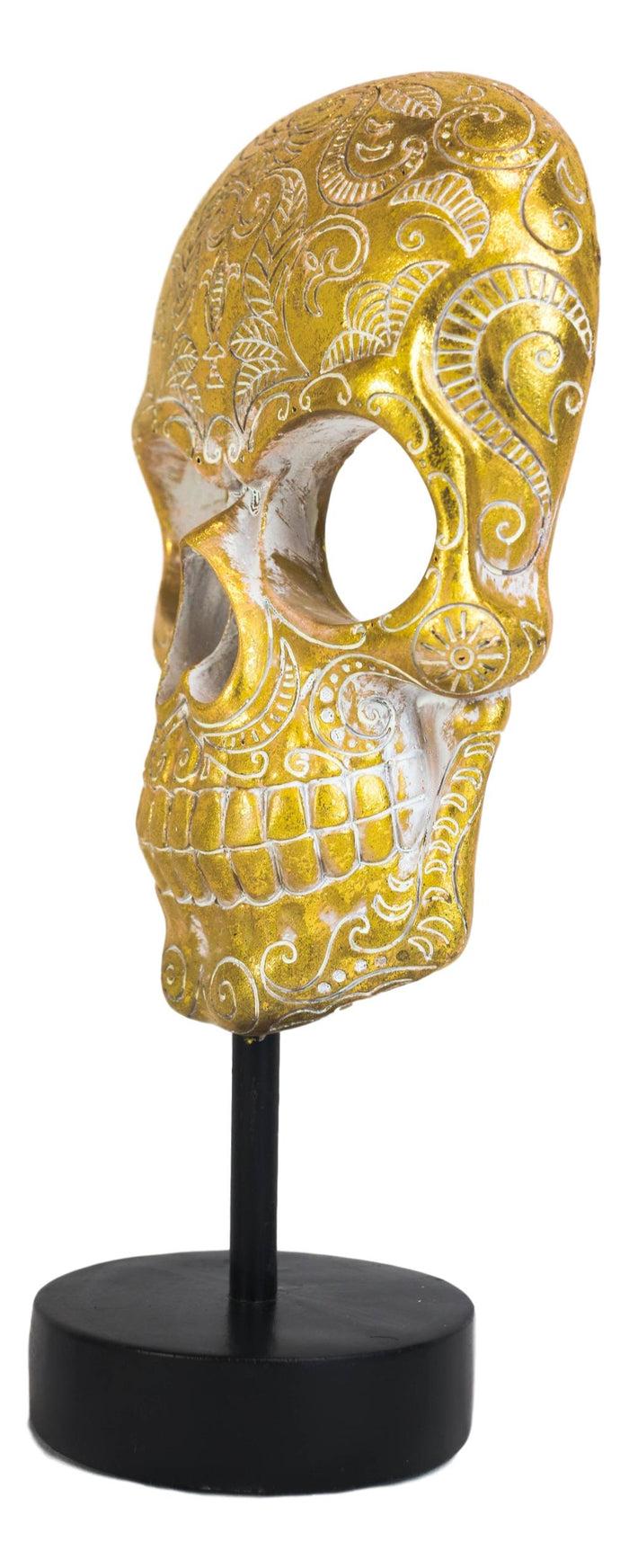 Day Of The Dead Golden Tooled Floral Sugar Skull Mask Sculpture On Museum Stand