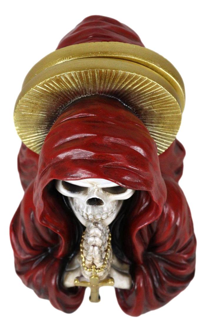 Day Of The Dead Gothic Red Santa Muerte With Gold Halo Rosary Cross Bookends Set