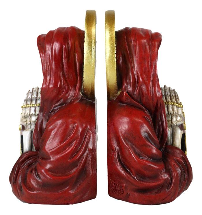 Day Of The Dead Gothic Red Santa Muerte With Gold Halo Rosary Cross Bookends Set