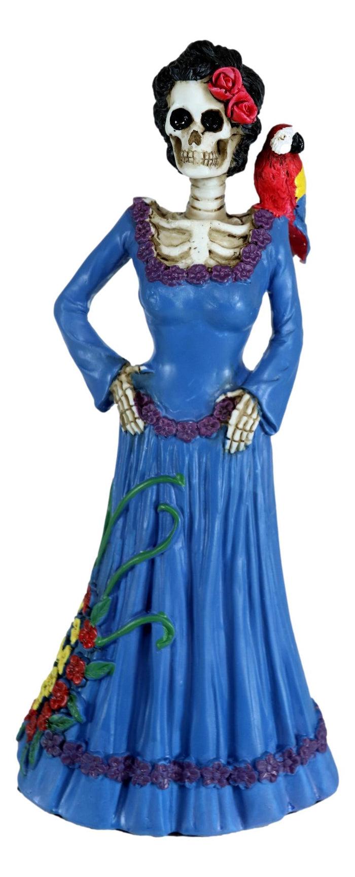 Day Of The Dead Lady In Blue With Scarlet Macaw Parrot Skeleton Figurine Statue