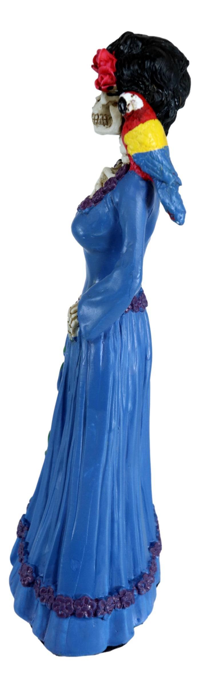 Day Of The Dead Lady In Blue With Scarlet Macaw Parrot Skeleton Figurine Statue