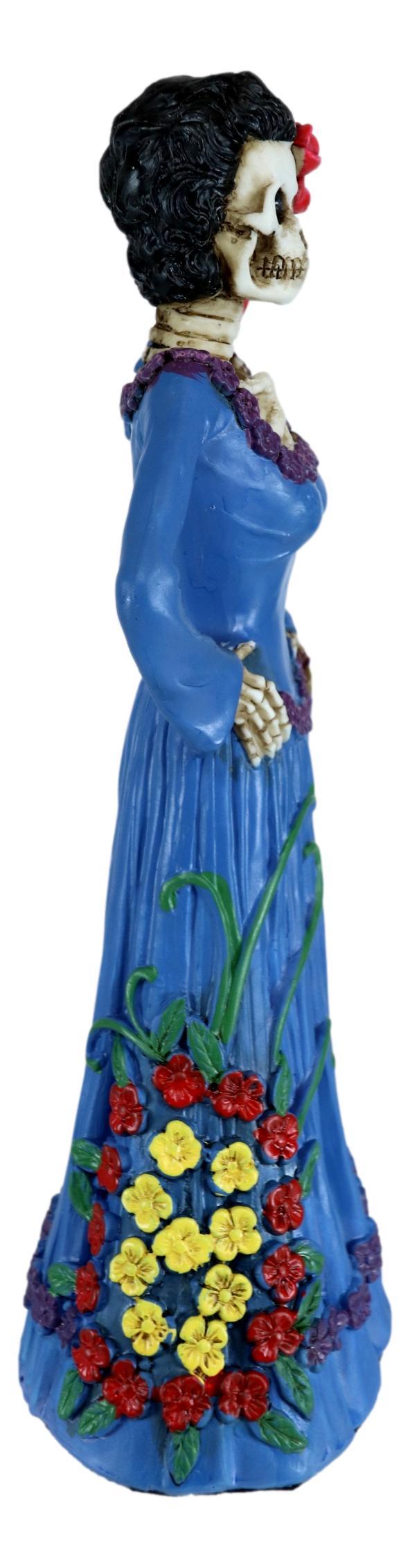 Day Of The Dead Lady In Blue With Scarlet Macaw Parrot Skeleton Figurine Statue