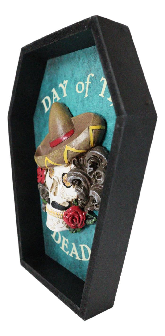 Day Of The Dead Masquerade Red Rose Skull With Sombrero Hat In Coffin Wall Decor