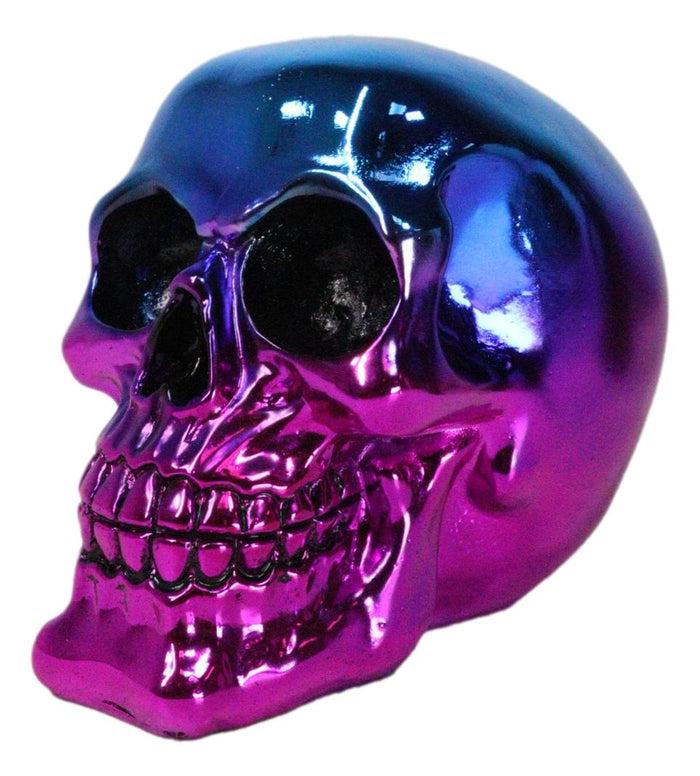 Day Of The Dead Metallic Blue And Pink Plated Gothic Skull Figurine Skeleton