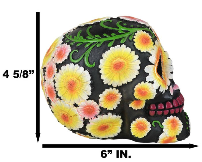 Day Of The Dead Metallic Bright Sunflowers Floral Blooms Sugar Skull Figurine