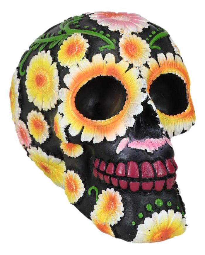 Day Of The Dead Metallic Bright Sunflowers Floral Blooms Sugar Skull Figurine