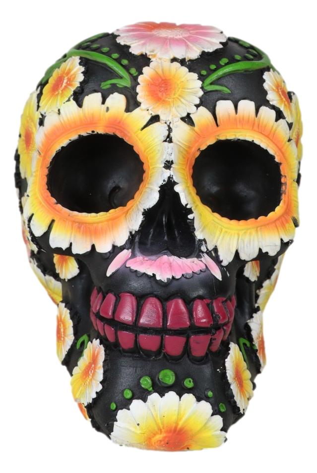 Day Of The Dead Metallic Bright Sunflowers Floral Blooms Sugar Skull Figurine