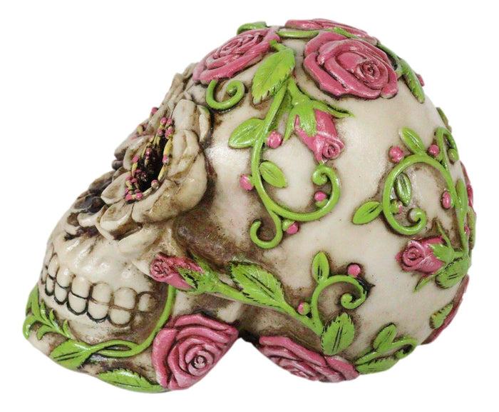 Day Of The Dead Pink Floral Roses With Green Vines Sugar Skull Figurine Decor