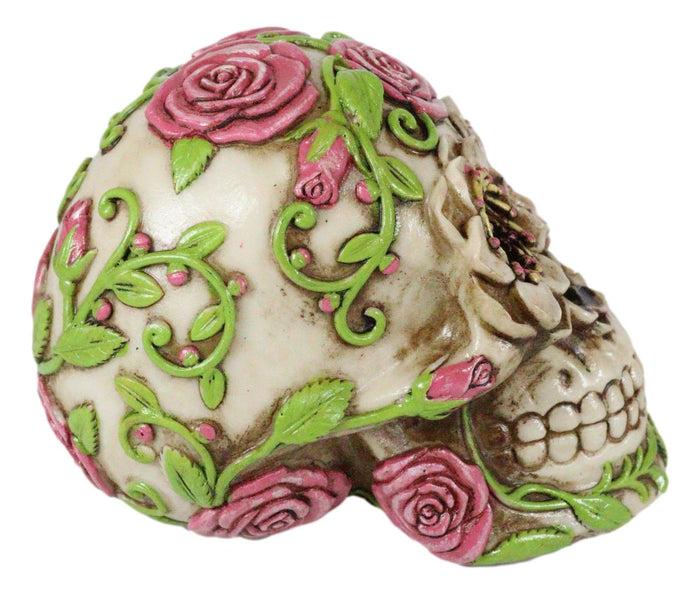 Day Of The Dead Pink Floral Roses With Green Vines Sugar Skull Figurine Decor