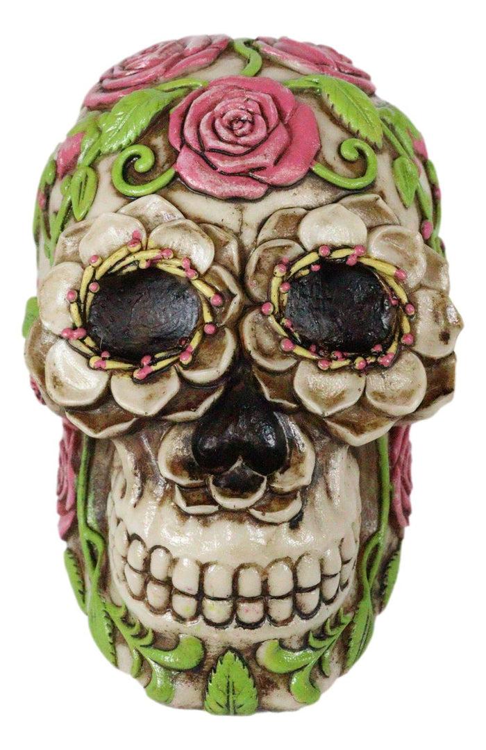 Day Of The Dead Pink Floral Roses With Green Vines Sugar Skull Figurine Decor