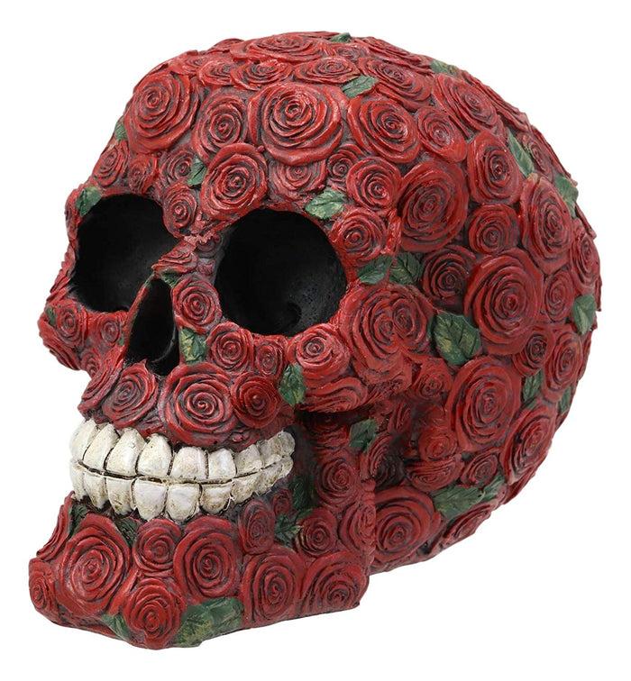 Day Of The Dead Red Floral Roses With Green Petals Sugar Skull Figurine Decor