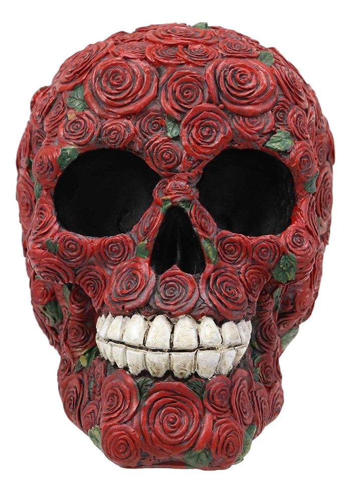 Day Of The Dead Red Floral Roses With Green Petals Sugar Skull Figurine Decor