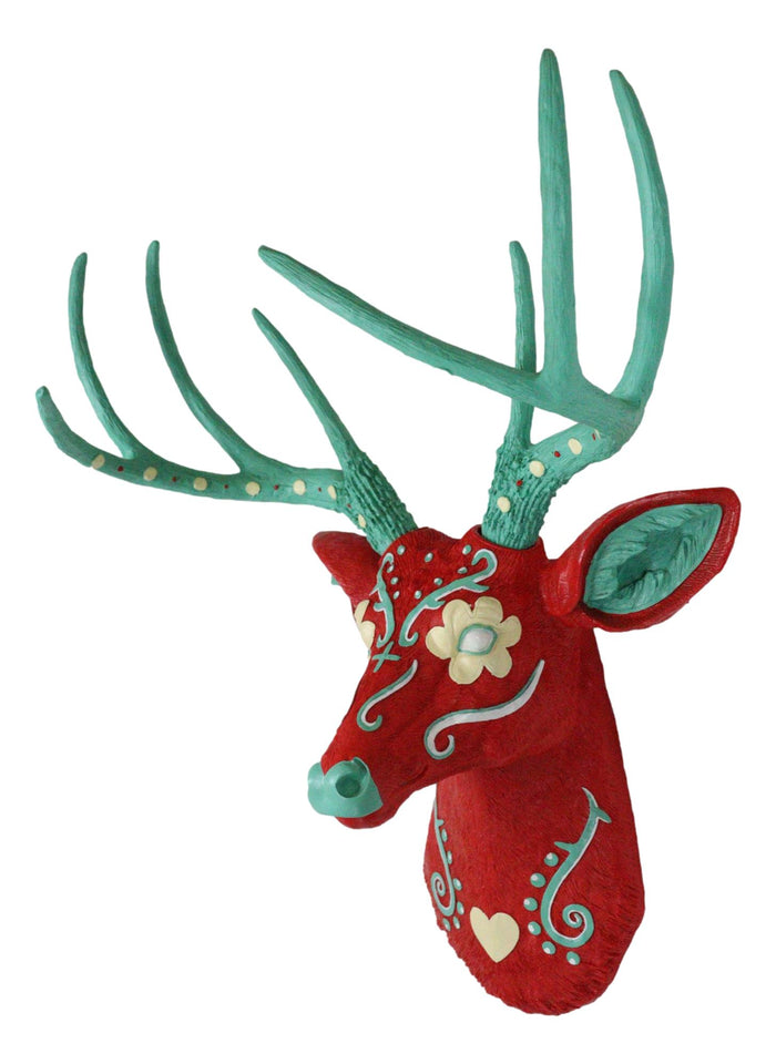 Day Of The Dead Red Sugar Skull 8 Point Buck Stag Deer Wall Head Bust Decor 20"H