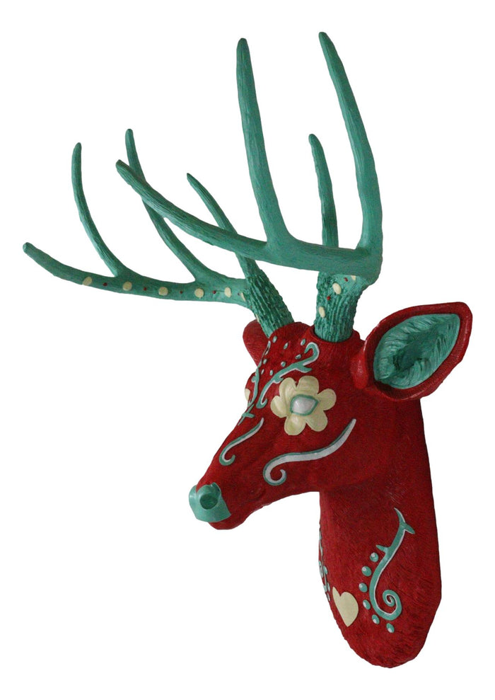 Day Of The Dead Red Sugar Skull 8 Point Buck Stag Deer Wall Head Bust Decor 20"H
