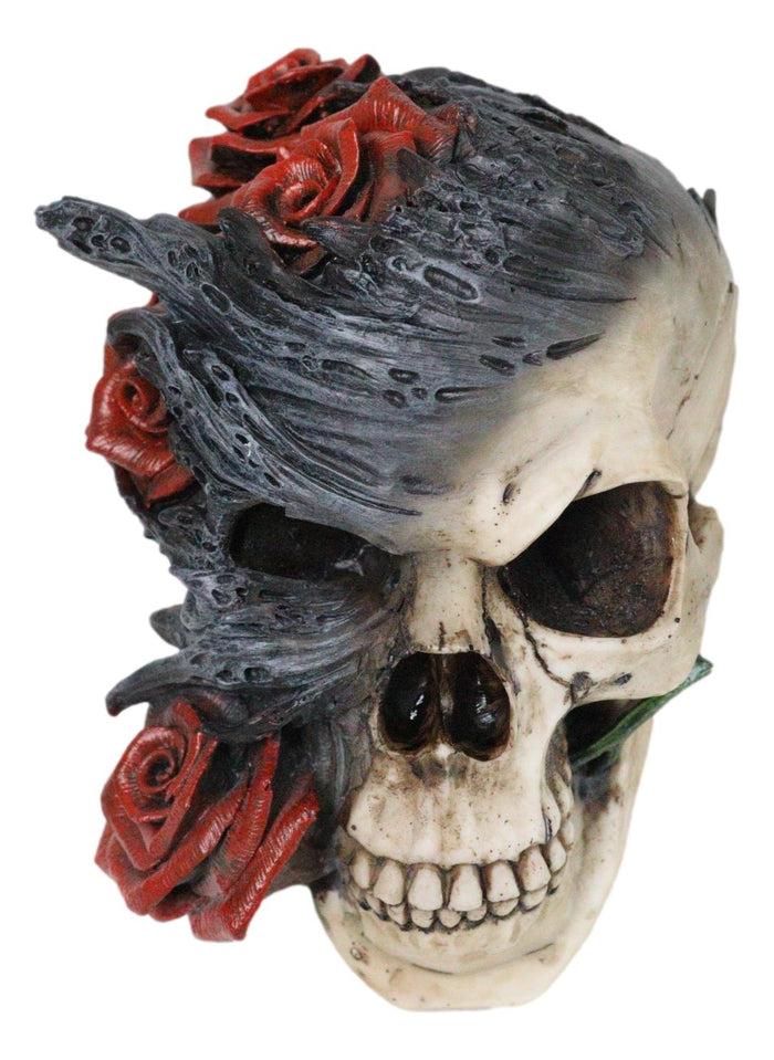 Day Of The Dead Romantic Gothic Thorny Red Roses Two Faced Skull Figurine
