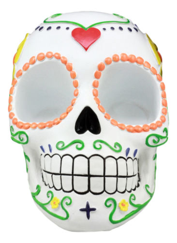 Day Of The Dead Tattoo White Sugar Skull Salt And Pepper Shakers Holder Figurine