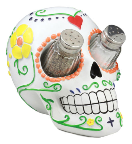 Day Of The Dead Tattoo White Sugar Skull Salt And Pepper Shakers Holder Figurine