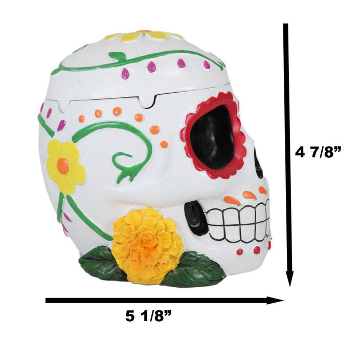 Day Of The Dead White Tribal Tattoo Sunflowers Sugar Skull Ashtray Box Figurine