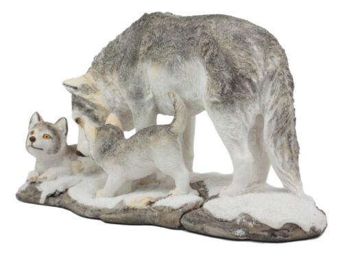 Denizens Of Twilight Large Winter Snow Wolf Mother And Pups Family Statue 9.75"L