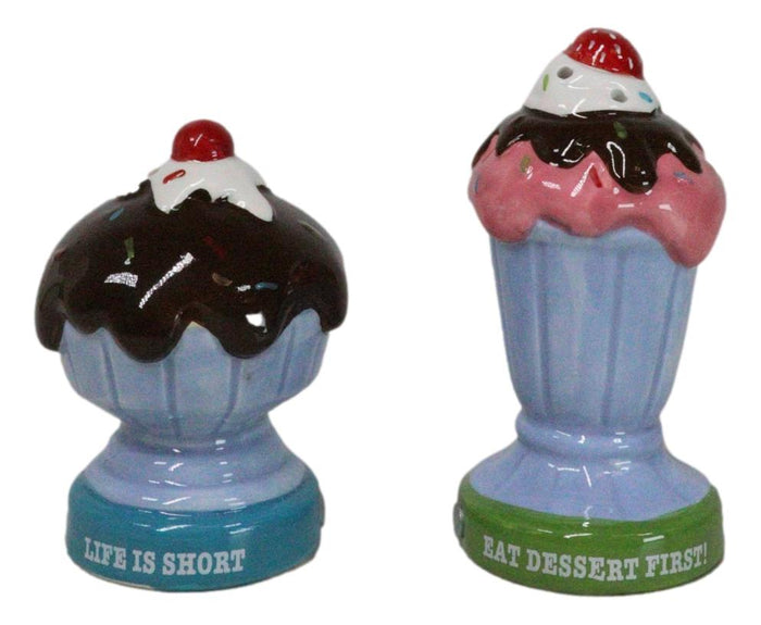 Dessert Ice Cream Fudge Sundae With Cherries Ceramic Salt And Pepper Shaker Set