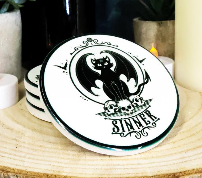 Devil Black Cat Skulls Sinner Ceramic Coaster Set Of 4 Tiles With Cork Backing