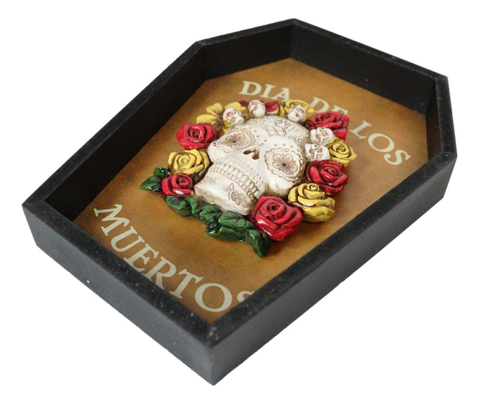 Dia De Muertos Tattoo Skull With Red And Yellow Flowers In Coffin Wall Decor