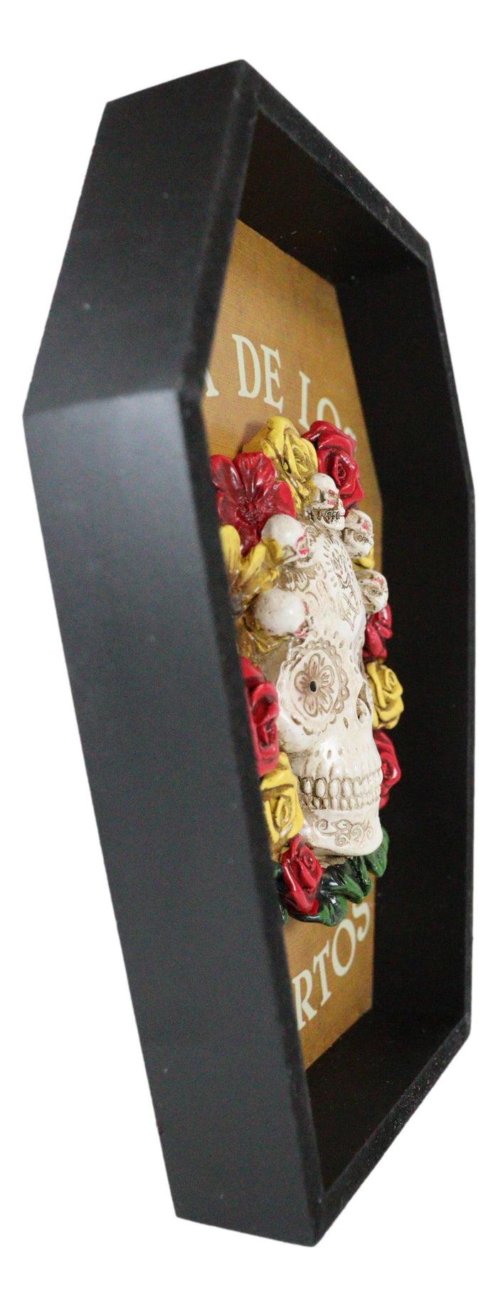 Dia De Muertos Tattoo Skull With Red And Yellow Flowers In Coffin Wall Decor
