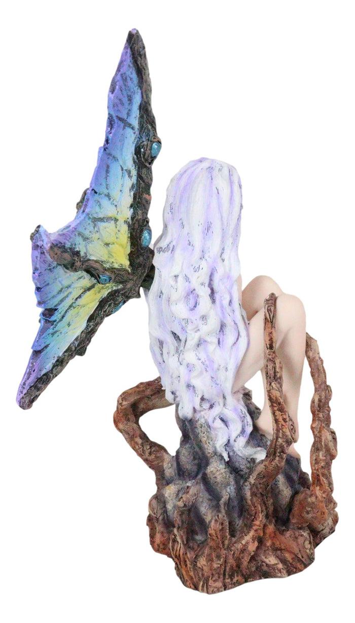 Dryad Nomad Budding Vines Winged Nude Fairy With Blue Florals On Rock Figurine