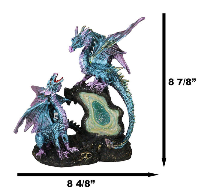 Dueling Dragons Family On Faux Emerald Quartz Geode LED Light Mountain Figurine