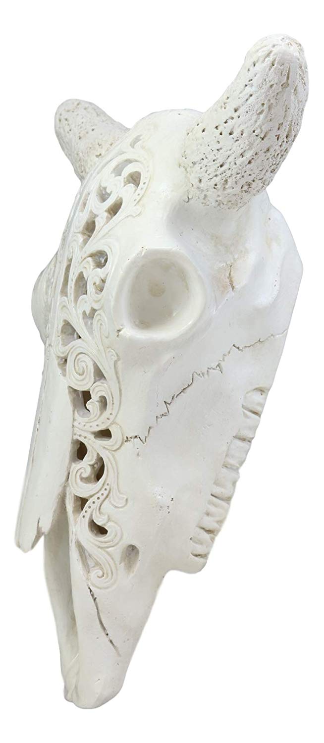 Ebros 10.5" Wide Southwest Off White Steer Bison Buffalo Bull Cow Horned Skull Head With Lace Filigree Design Hanging Wall Mount Decor