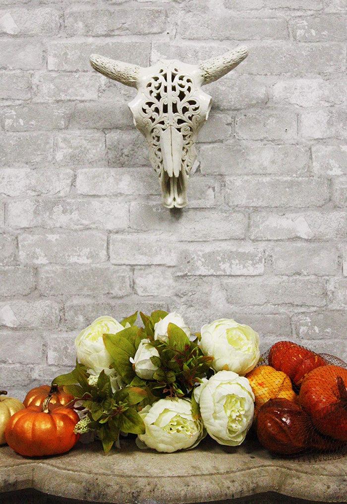 Ebros 10.5" Wide Southwest Off White Steer Bison Buffalo Bull Cow Horned Skull Head With Lace Filigree Design Hanging Wall Mount Decor