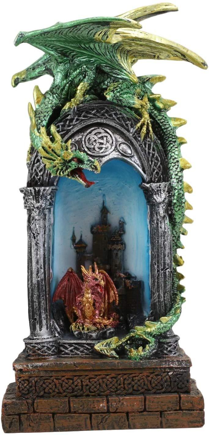 Ebros 10.75"H Green Emerald Dragon On Celtic Columns Statue With LED Night Light