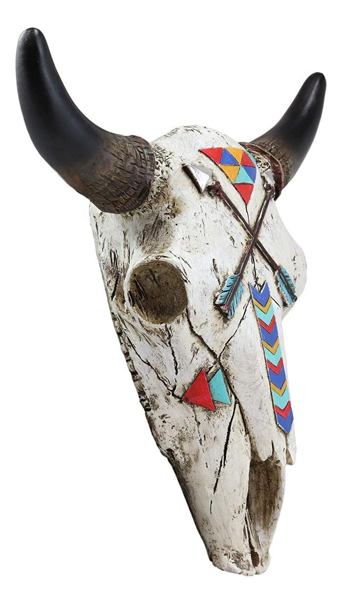 Ebros 10.75" High Western Southwest Steer Bison Buffalo Bull Cow Horned Skull Head With Two Crossed Arrows And Geometric Pyramids Design Wall Mount Decor