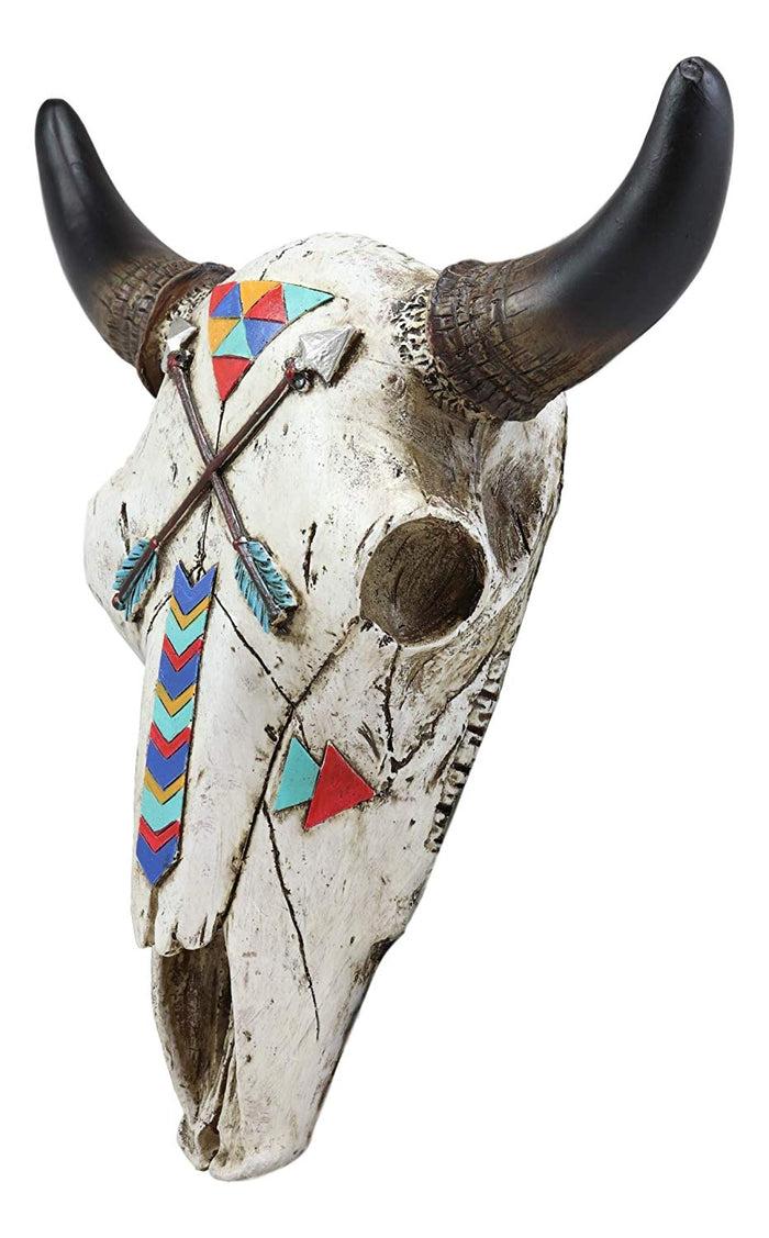 Ebros 10.75" High Western Southwest Steer Bison Buffalo Bull Cow Horned Skull Head With Two Crossed Arrows And Geometric Pyramids Design Wall Mount Decor
