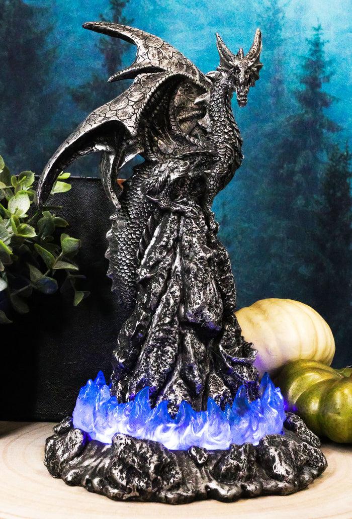 Ebros 10"H Volcano Blue Magma Dragon On Rock Tower Figurine With LED Night Light